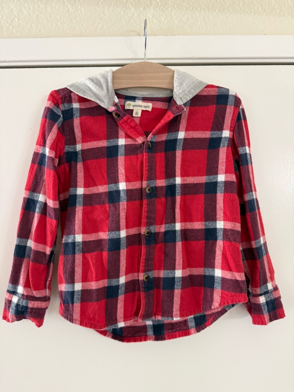Tucker + Tate Red Plaid Button-Down Shirt with Gray Hood